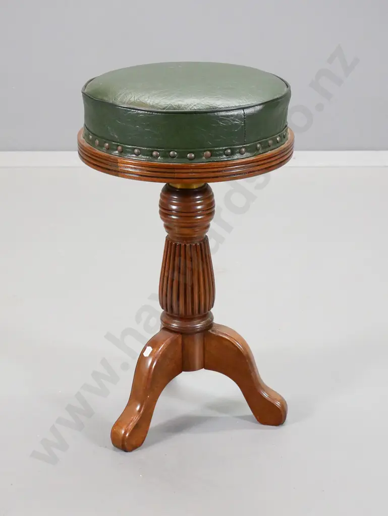 vintage mahogany and green studded vinyl swivel-adjustable piano stool with reeded column base H-580 D-340 Image 1++