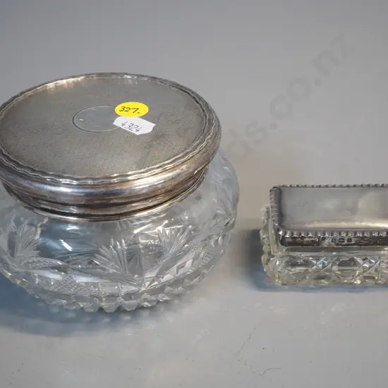 2 sterling silver lidded depression glass items - powder jar diameter 115 and small trinket