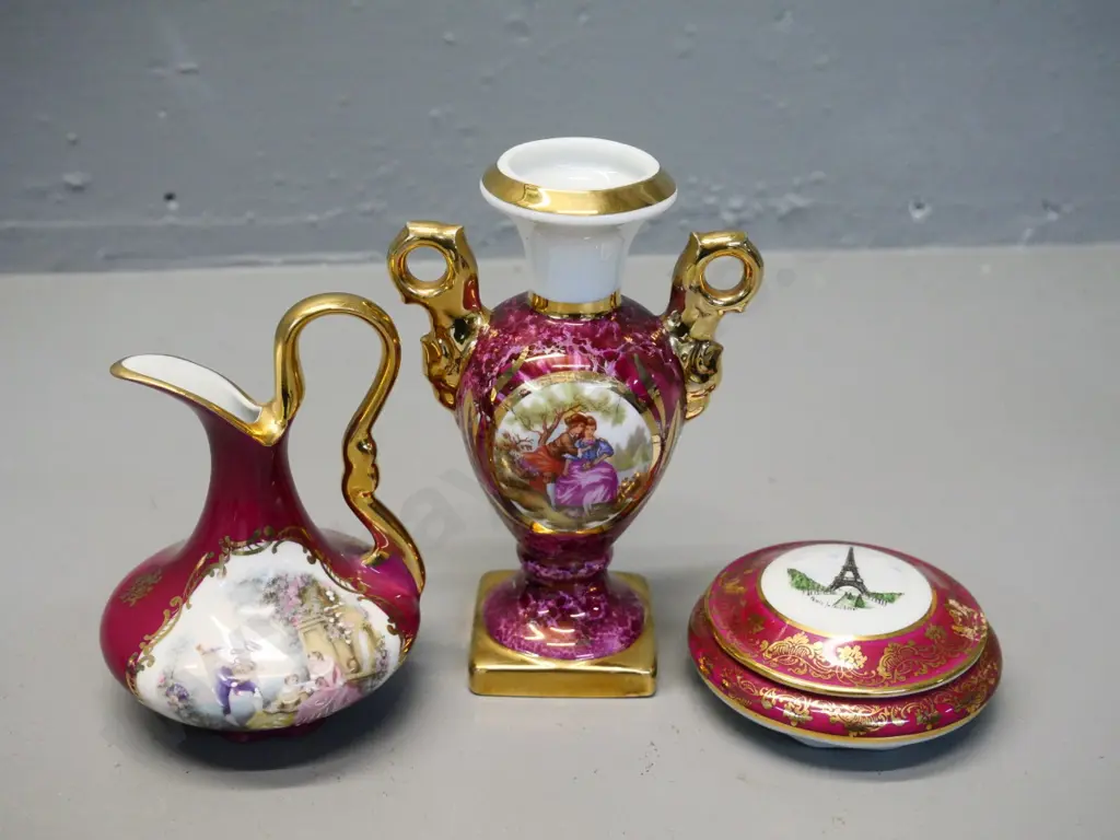 3 pieces of Limoges china including lidded trinket, jug and handled vase H140 Image 1++