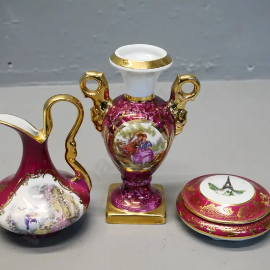 3 pieces of Limoges china including lidded trinket, jug and handled vase H140