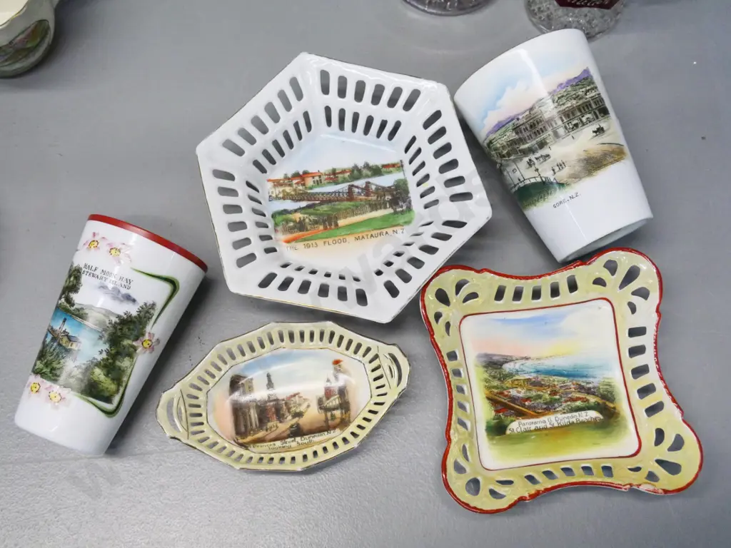 New Zealand souvenir ware including Dunedin, Gore, 1913 Mataura flood, Manapouri, Chch & Dunedin exhibition Image 1++