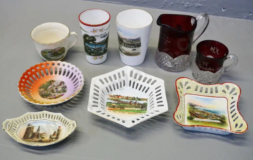 New Zealand souvenir ware including Dunedin, Gore, 1913 Mataura flood, Manapouri, Chch & Dunedin exhibition Image 1++