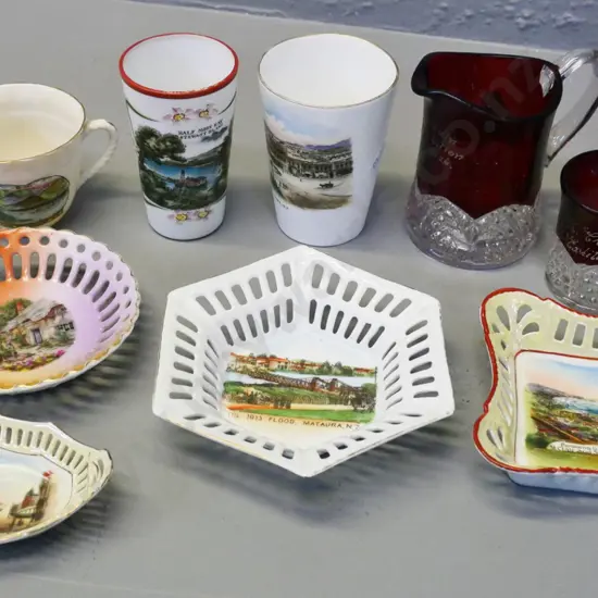 New Zealand souvenir ware including Dunedin, Gore, 1913 Mataura flood, Manapouri, Chch & Dunedin exhibition