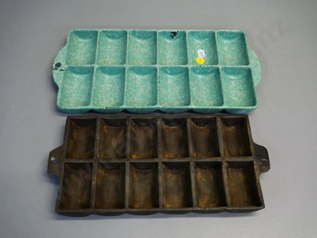 2 vintage cast iron gem irons, one Champion mottled green and white enamel L-320 W-155 Image 1++