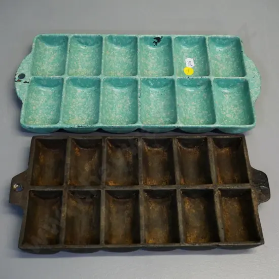 2 vintage cast iron gem irons, one Champion mottled green and white enamel L-320 W-155