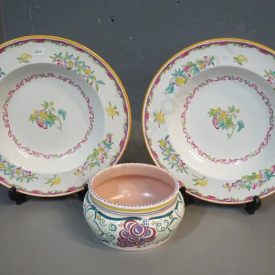 Poole hand-painted bowl - small fault to bottom rim - H-80 D-170 and 2 Minton soup bowls
