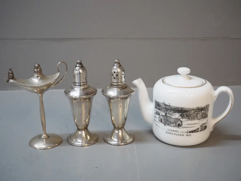 small sterling silver miniature oil lamp, 1930 Gore flood teapot, weighted sterling salt & pepper, damage to one Image 1++