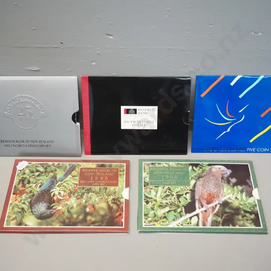5 New Zealand uncirculated coin sets -  1990,1991, 1992, 1995, 1996