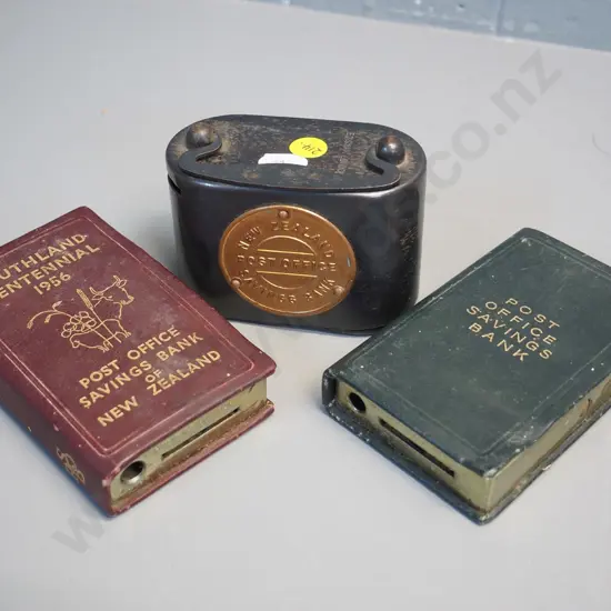 3 vintage New Zealand Post Office Savings Bank money boxes - all have damage