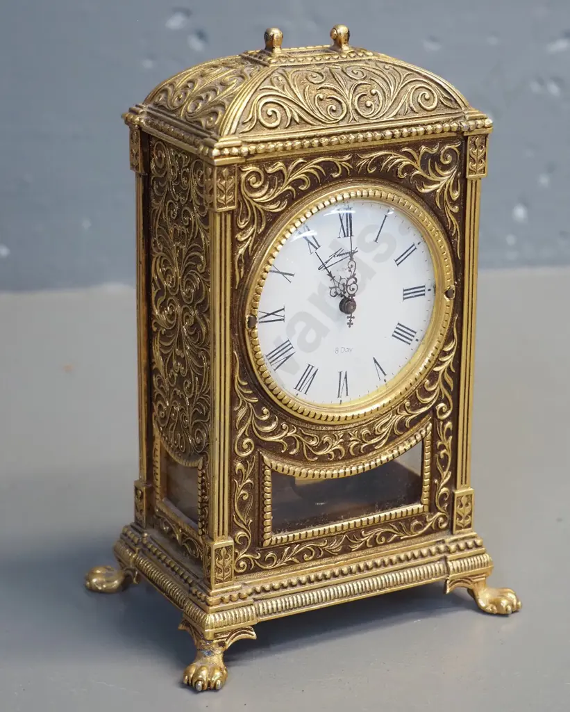 reproduction ornate ormolu cased Schmid wind-up mantel clock with pendulum - handle missing H-160 W-110 D-70 Image 1++