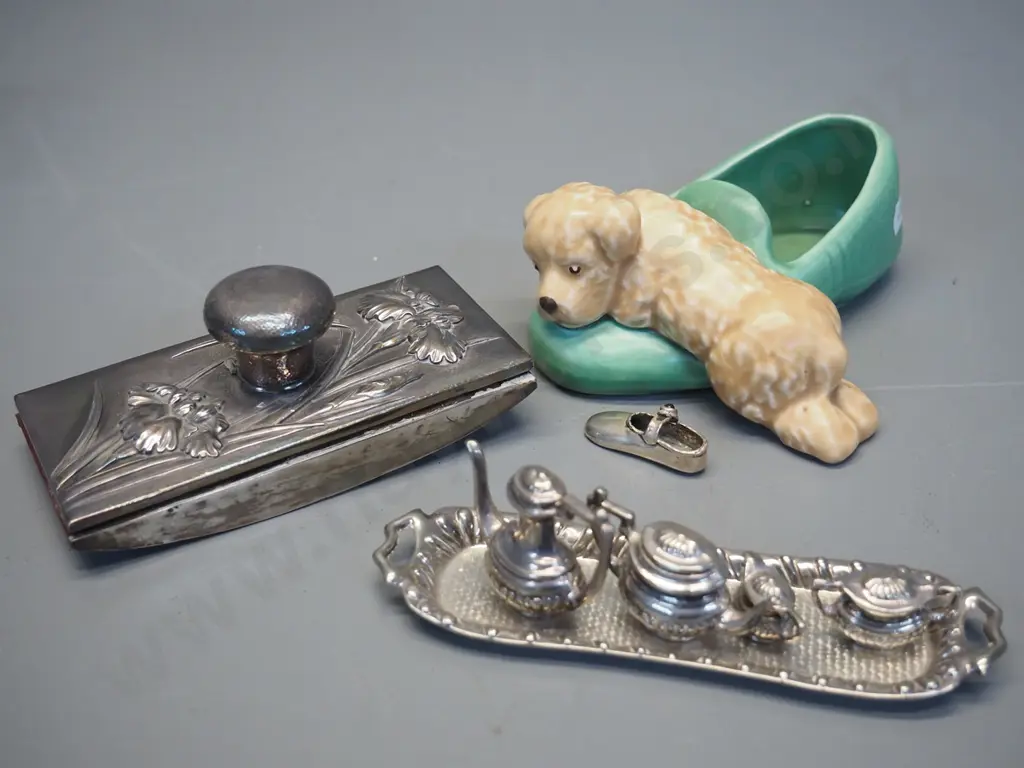 Sylvac puppy with slipper figure, sterling silver miniature shoe, beaten silver blotter holder, miniature plated tea set Image 1++