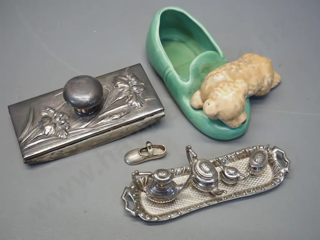 Sylvac puppy with slipper figure, sterling silver miniature shoe, beaten silver blotter holder, miniature plated tea set Image 1++