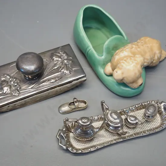 Sylvac puppy with slipper figure, sterling silver miniature shoe, beaten silver blotter holder, miniature plated tea set