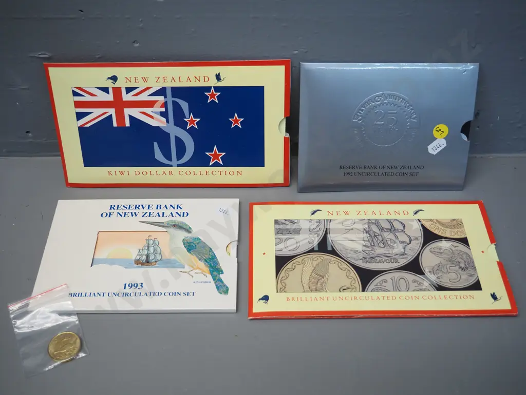 4 New Zealand uncirculated coin/note sets -  1990 coins, 1990 with $2 note, 1992, 1993 Image 1++