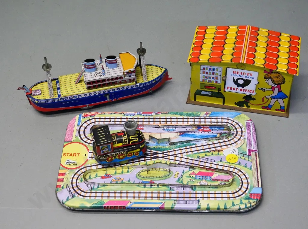 3 reproduction retro tin toys - money box, ship and railway car on track L-220 W-140 Image 1++