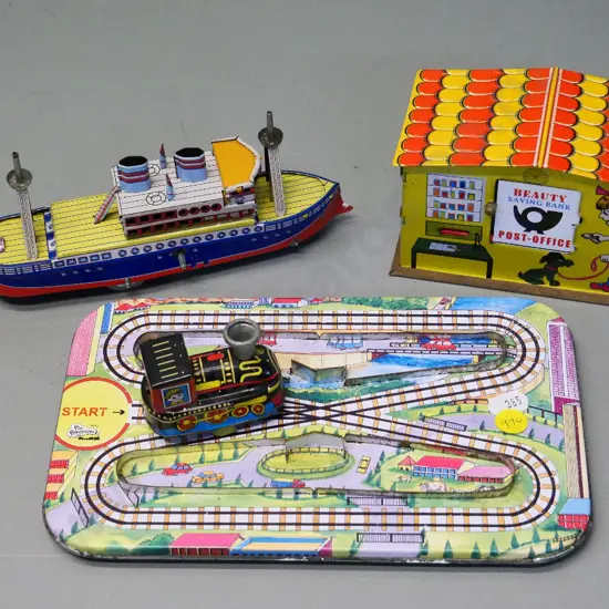 3 reproduction retro tin toys - money box, ship and railway car on track L-220 W-140
