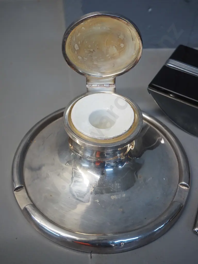 sterling silver inkstand with porcelain insert, deco glass and chrome blotter holder and a plated cigarette/card holder Image 1++