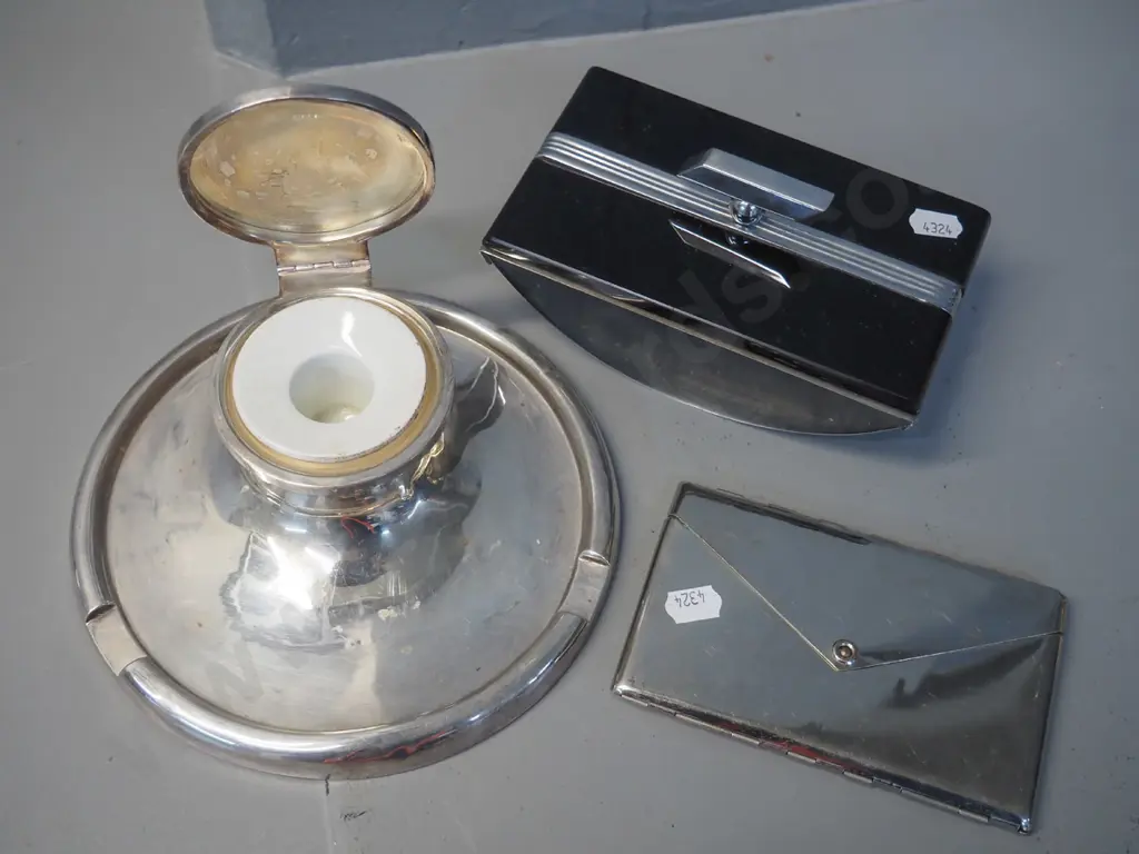 sterling silver inkstand with porcelain insert, deco glass and chrome blotter holder and a plated cigarette/card holder Image 1++