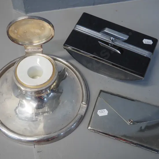 sterling silver inkstand with porcelain insert, deco glass and chrome blotter holder and a plated cigarette/card holder