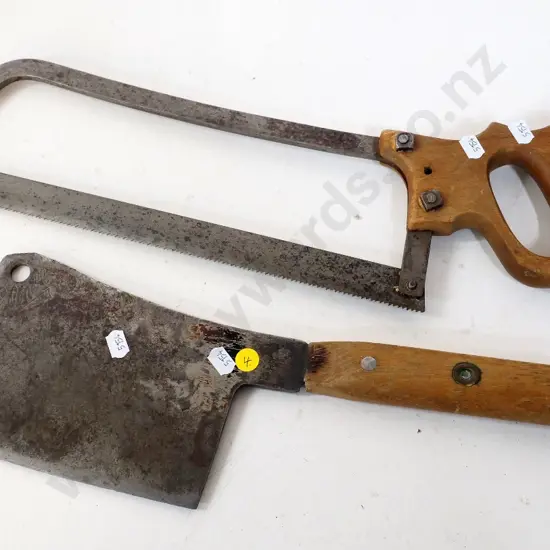vintage wooden-handled cleaver marked Elwell & bone saw marked Slack Sellars & Co Sheffield L-480