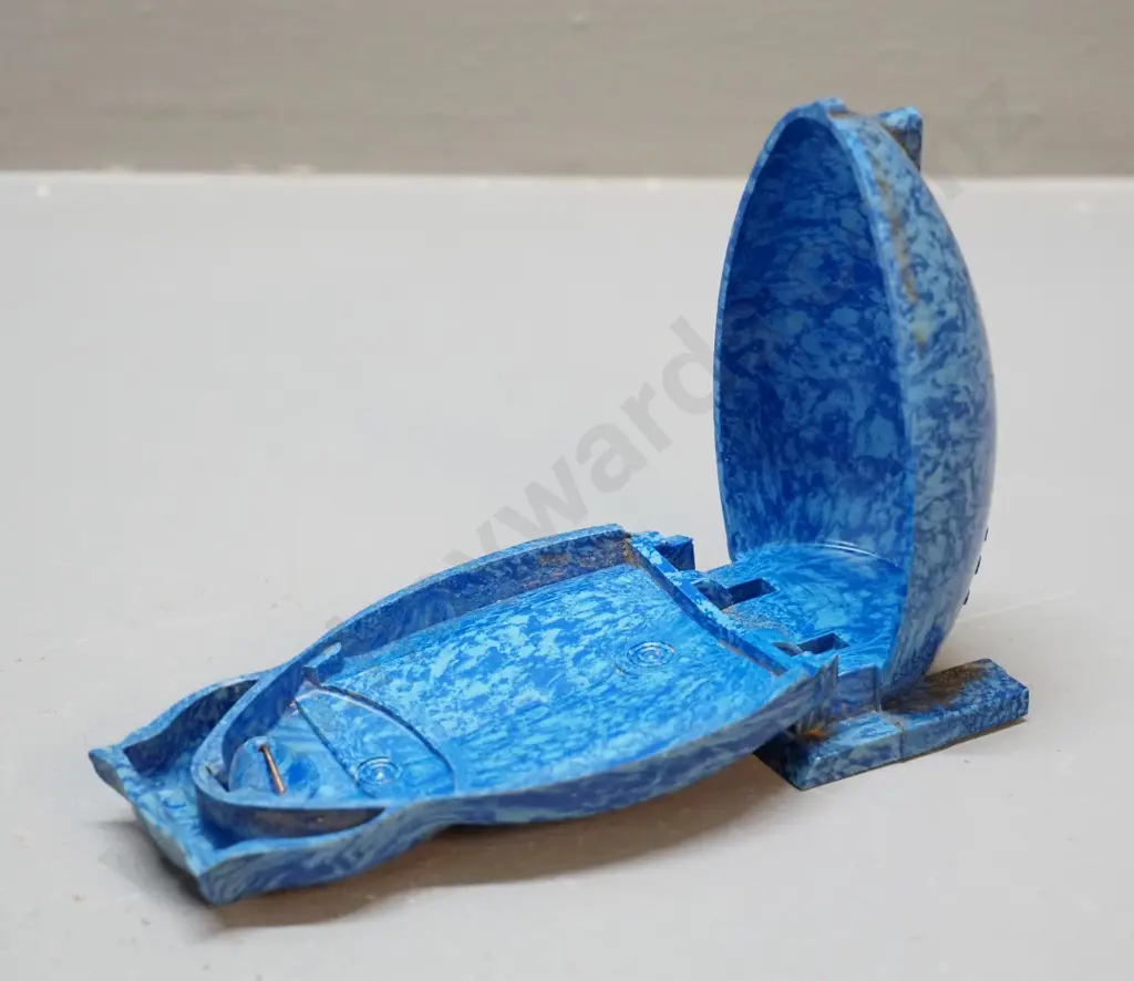 vintage small blue mottled plastic or bakelite owl container marked Bourjois H100 - would have contained perfume bottle Image 1++