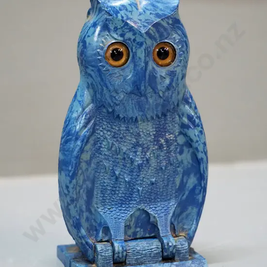 vintage small blue mottled plastic or bakelite owl container marked Bourjois H100 - would have contained perfume bottle