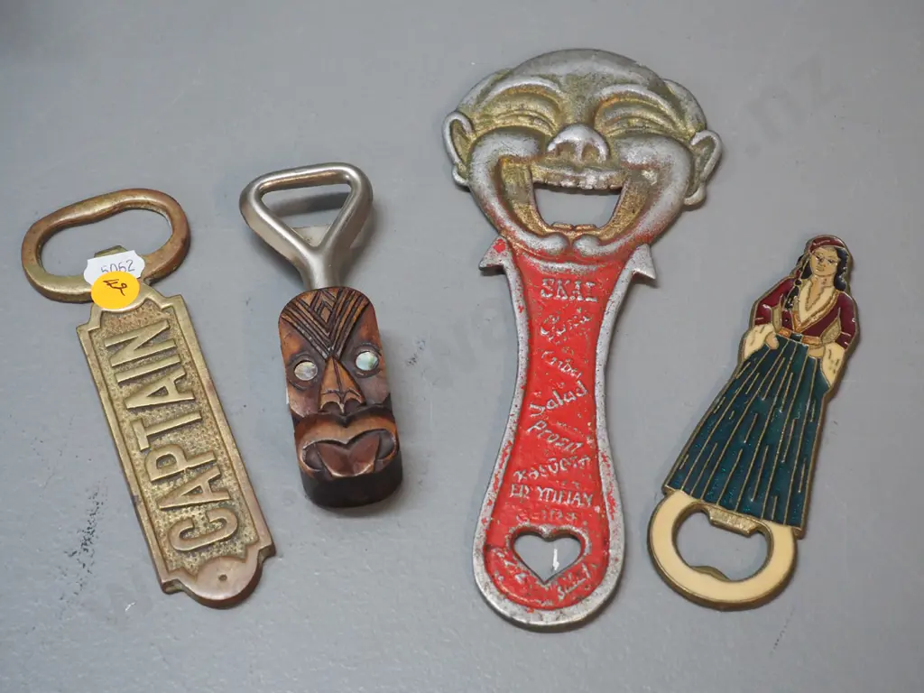 4 vintage bottle openers - large cast metal clown L-210, enamelled bronze woman from Greece, wooden Rotorua tiki etc. Image 1++