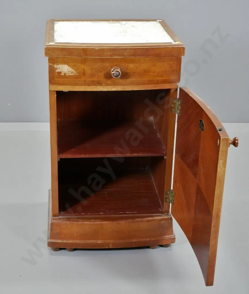 vintage walnut bow-front 1 door cabinet, drawer handle broken, fabric inset top stained, tape residue H780 W450 D400 Image 1++