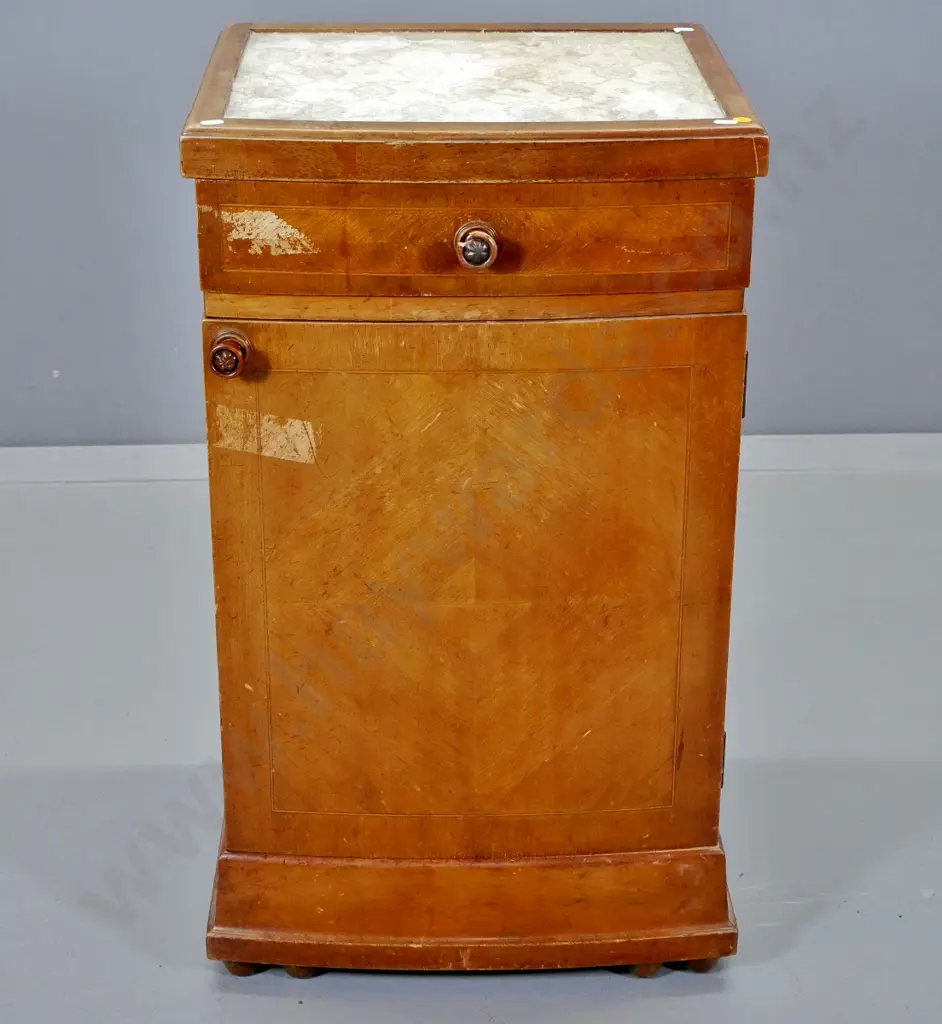 vintage walnut bow-front 1 door cabinet, drawer handle broken, fabric inset top stained, tape residue H780 W450 D400 Image 1++