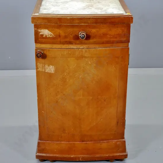 vintage walnut bow-front 1 door cabinet, drawer handle broken, fabric inset top stained, tape residue H780 W450 D400