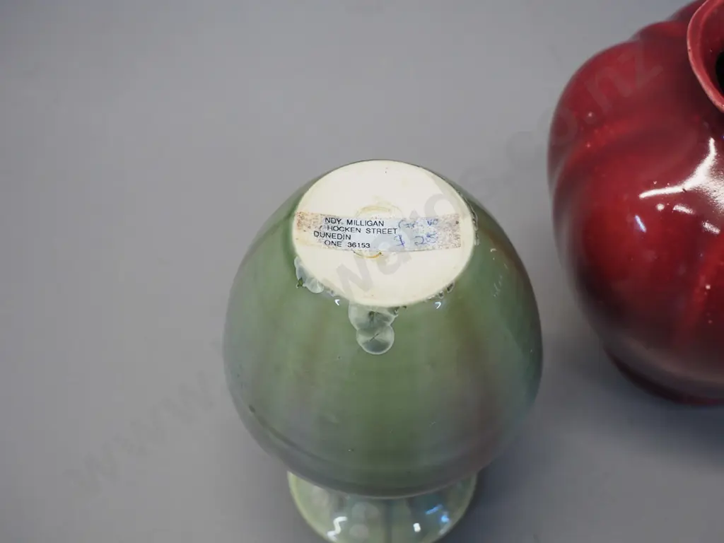 2 studio pottery vases - smaller one labelled Milligan, Dunedin, with crystalline highlights,  other marked No 28 H-160 Image 1++