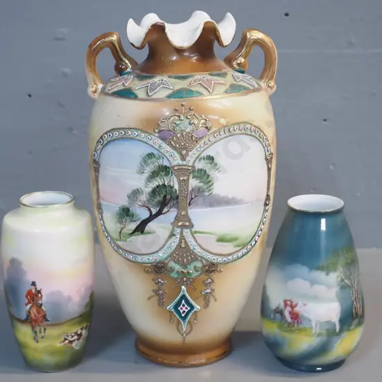 3 vintage vases - 2 Royal Bayreuth and a handled (Japanese?) vase H-230