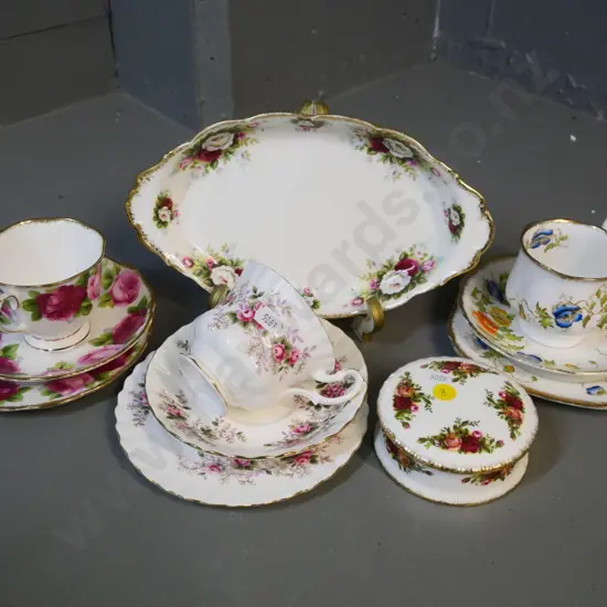 5 Royal Albert bone china items - cake dish L-250, Old Country Roses jewellery box, and 3 trios including lavender rose
