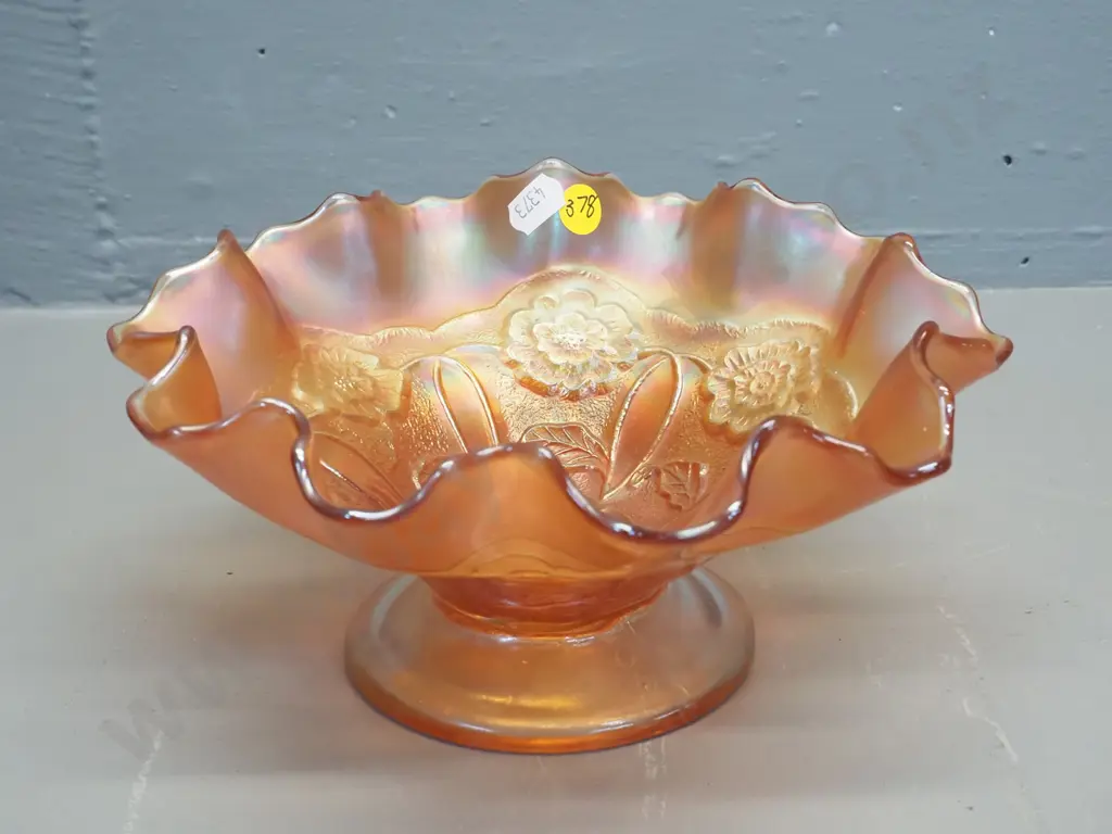 marigold carnival glass footed bowl H100 D220 Image 1++