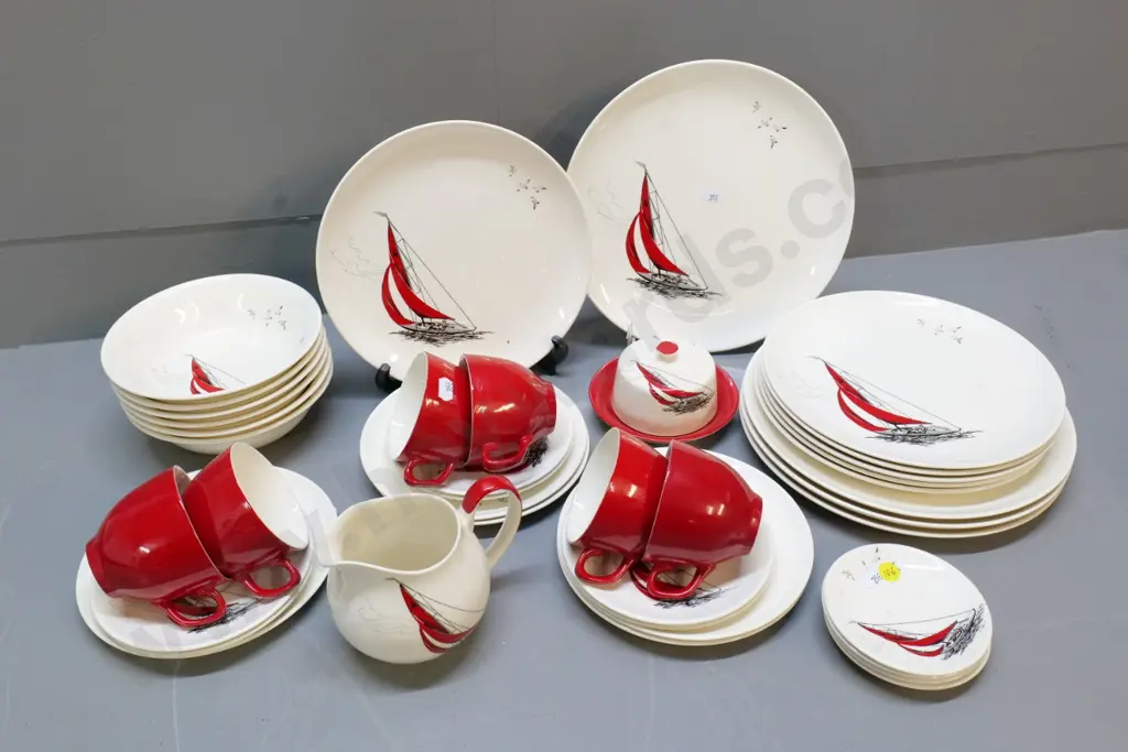 assorted Palissy Red Regatta dinnerware - includes 6 cups & saucers. Chip to one dessert Image 1++