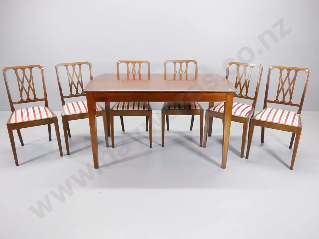 mahogany dining table w/6 fretted back chairs with striped regency damask seats - a few marks to top H760 L1370 W790 Image 1++