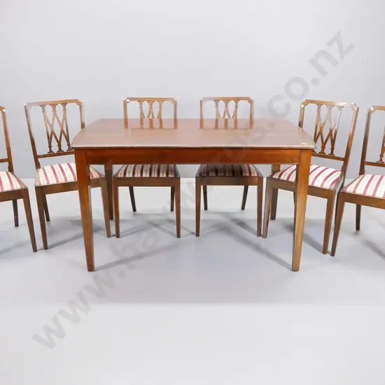 mahogany dining table w/6 fretted back chairs with striped regency damask seats - a few marks to top H760 L1370 W790