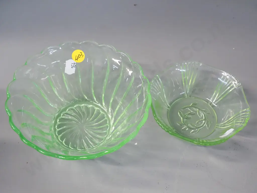 2 uranium glass bowls - larger is H-70 D-140 Image 1++