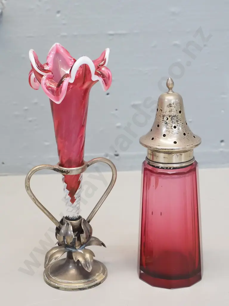 2 pieces ruby glass - sugar caster w/sterling silver top and single epergne vase with frilled milk glass rim H-180 Image 1++