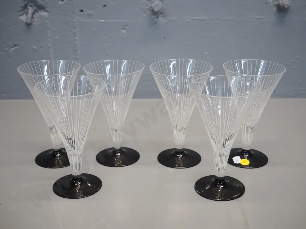 set of 6 retro black-based glasses with fine white stripe pattern H-140 D-85 at top Image 1++