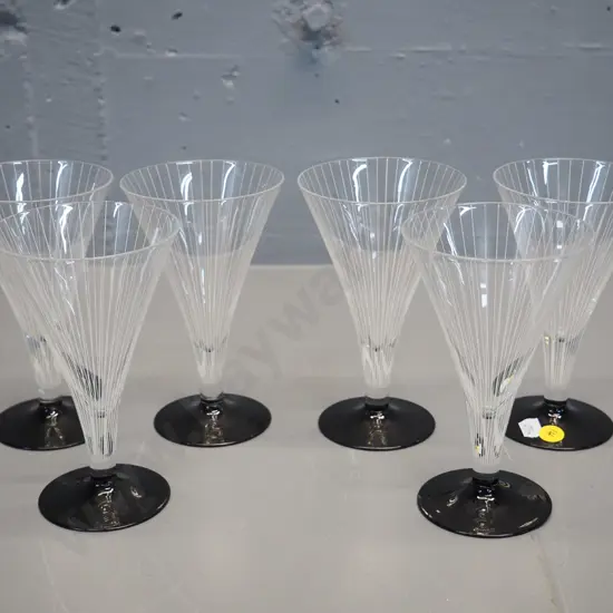 set of 6 retro black-based glasses with fine white stripe pattern H-140 D-85 at top