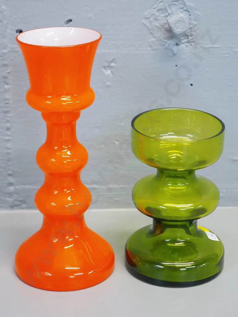 2 coloured glass vases - clear green and white-lined orange - taller is H-220 Image 1++
