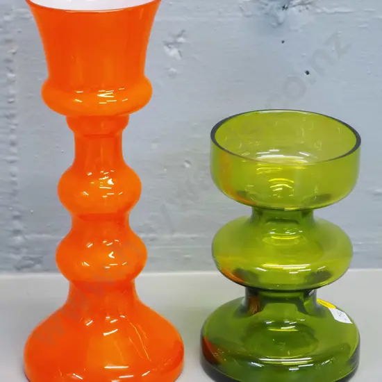 2 coloured glass vases - clear green and white-lined orange - taller is H-220