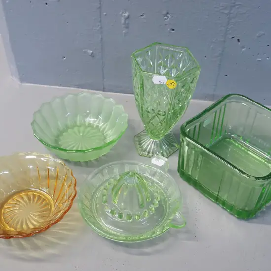 5 pieces of depression glass - lemon squeezer is uranium glass with faint glow, vase is H-150
