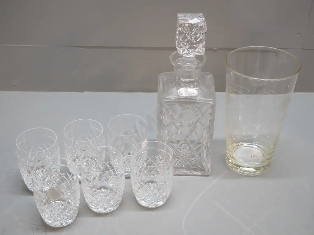 'Julia' Bohemian crystal stoppered decanter H280, 6 Webb-Corbett cut crystal tumblers, and a large etched glass vase Image 1++