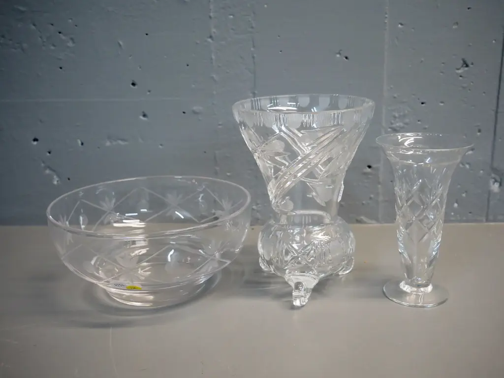 3 pieces cut crystal including footed vase, trumpet vase (Webb Corbett?) and Stuart fruit bowl Image 1++