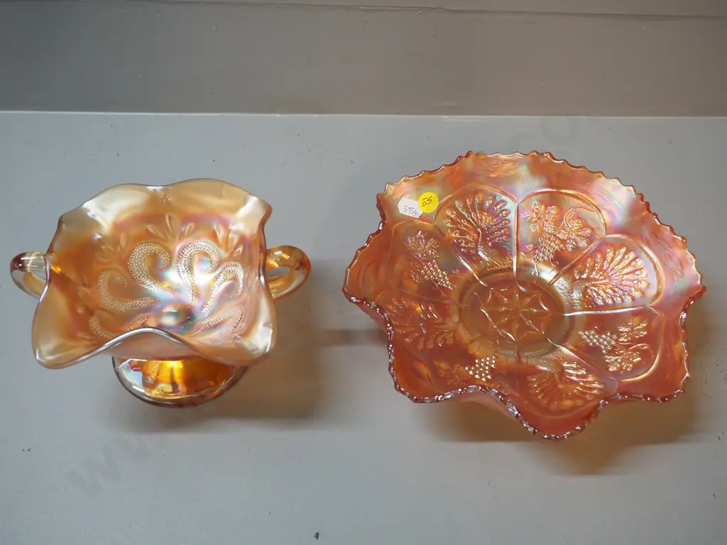 2 pieces of marigold carnival glass - peacock & grape pattern bowl D-220 and small comport Image 1++