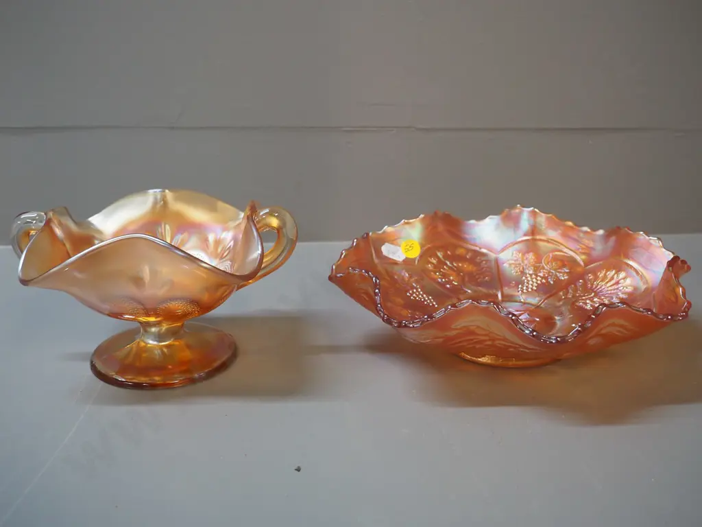 2 pieces of marigold carnival glass - peacock & grape pattern bowl D-220 and small comport Image 1++