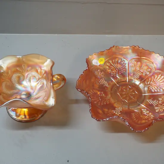 2 pieces of marigold carnival glass - peacock & grape pattern bowl D-220 and small comport