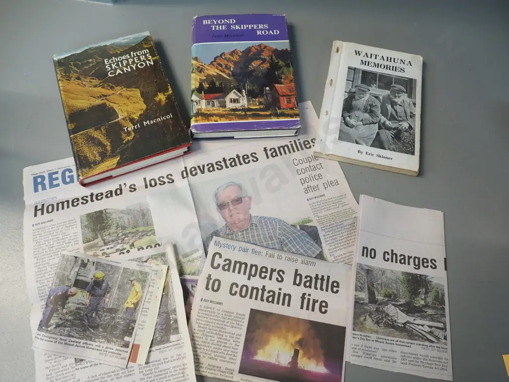 3 New Zealand books - 2 on Skippers Canyon by Terri MacNicol plus clippings, and Waitahuna Memories, 1947, Eri Image 1++